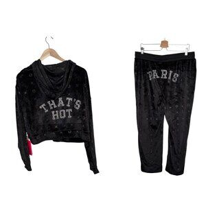Paris Hilton Womens Black Velour "thats hot" Hoodie & Pants Track Suit XL